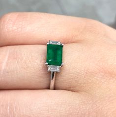 Baguette Cut Three Stone Wedding Ring, 14k White Gold Baguette Cut Emerald Ring, 14k White Gold Baguette Cut Emerald Ring For Anniversary, Anniversary 14k White Gold Baguette Cut Emerald Ring, 3 Stone Diamond Ring, Stone Diamond Ring, Dark Green Color, Emerald Diamond Ring, 3 Stone Rings