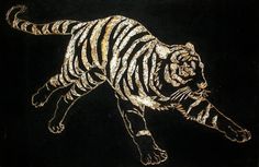 a drawing of a tiger on a black background with gold foil and glitters in it's tail