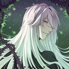 an anime character with long white hair and green eyes is staring at something in the distance