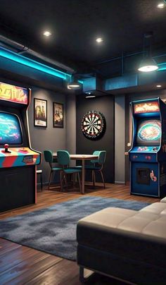 a game room with arcade machines and chairs