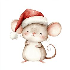 a watercolor painting of a mouse with a santa hat on it's head