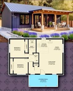 the floor plan for a small house with an attached porch and covered patio, is shown