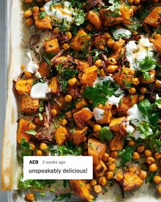 a dish with chickpeas and greens on it is shown in an instagram post