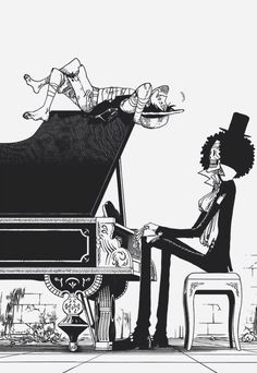 a man sitting on top of a piano next to a woman in a black dress