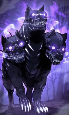 an animal with glowing eyes standing in front of some trees and purple lights on its face