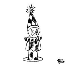 a black and white drawing of a person wearing a party hat with a sun on top