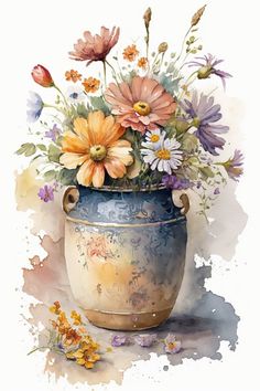 a painting of flowers in a vase on a white background with watercolor paint stains