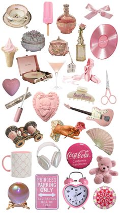 a collage of pink items and accessories on a white background