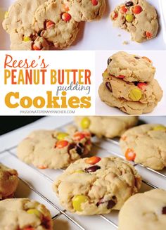 peanut butter pudding cookies with candy corn and chocolate chips in the middle, on a cooling rack