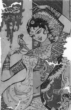 black and white drawing of a woman holding a bird