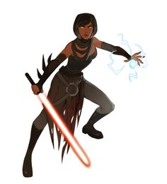 a woman dressed in black and holding a light saber