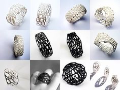 several different types of rings made out of wire and metal mesh, each with an intricate design