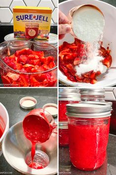 the process of making strawberry jello is shown in four different pictures, including jars and spoons