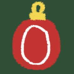 a red ornament with a yellow top and white outline on the bottom, against a green background