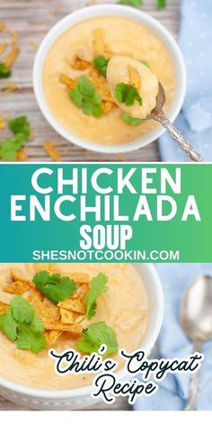 chicken enchilada soup in white bowls with cilantro garnishes