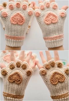 crocheted gloves with flowers on them are shown in three different pictures, one is white and the other is pink