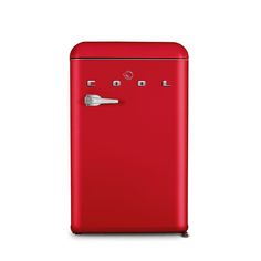 a red refrigerator freezer sitting on top of a white wall