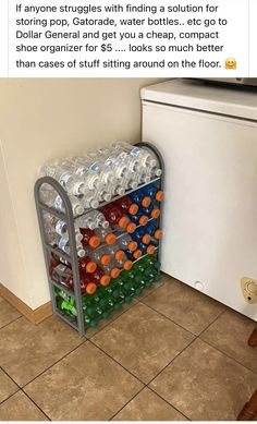 a stack of plastic bottles sitting on top of a tiled floor