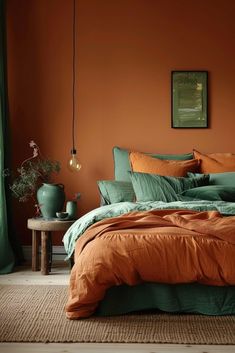 a bedroom with orange walls and green bedding