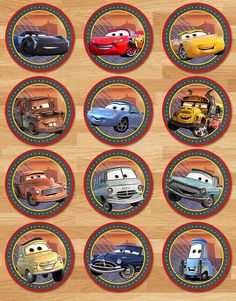 disney cars cupcake toppers on a wooden table