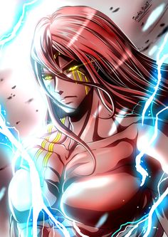 an anime character with red hair and lightning