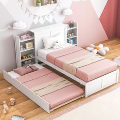 a bedroom with two twin beds and a bookcase