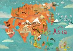 an illustrated map of asia with animals and other things