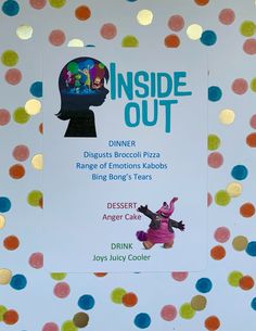 the inside out menu is displayed on a polka dot tablecloth with colorful circles around it