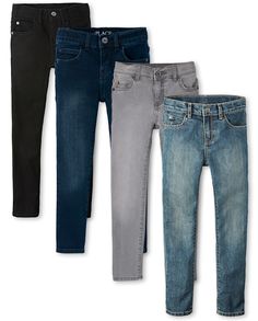 FABRICATION: 79% cotton/19% polyester/2% elastane, imported MULTIPACK: 4 pairs of skinny jeans FIT & DESIGN: Slim fit, mid rise, skinny leg CLOSURE: Snap zip fly (sizes 4-7), button zip fly (sizes 8+); inner adjustable waist tabs FEATURES: 5-pocket styling, belt loops; pre-washed for added softness & to reduce shrinkage. Boys Basic Skinny Jeans 4-Pack | The Children's Place Boys Skinny Jeans 4-Pack | Size 5 | Cotton/Polyester Boys Bottoms, Kids Clothes Boys, Big Fashion, Boys Jeans, Jeans Online, Casual Denim, Childrens Place, Look Cool, Straight Jeans