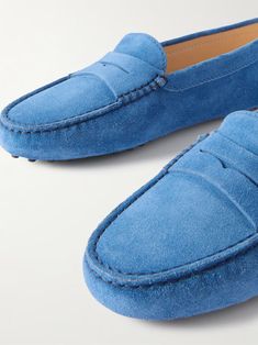 TOD'S Gommino suede loafers | NET-A-PORTER Blue Suede Loafers With Suede Lining, Classic Blue Loafers With Suede Lining, Classic Blue Moccasins With Suede Lining, Luxury Blue Suede Moccasins, Casual Blue Loafers With Suede Lining, Porter Bag, Open Roads, Summer Style Guide, Flat Dress Shoes