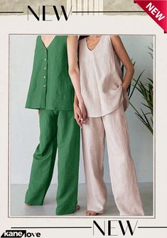 Women's Solid Color Cotton Linen V-neck Button T-shirt Pants Set Casual Green Sets With Buttons, Straight Pants Outfit, Slim Jumpsuit, Bra Size Charts, Shirt Pant Set, Cotton Sleepwear, Harajuku Streetwear, Cotton Vest, Comfortable Tops