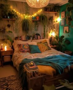 a bedroom decorated with plants and lights