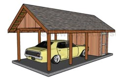 a yellow car is parked under a wooden structure with a roof over it's top