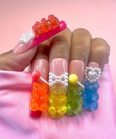 Handmade press on nails gummy bear and candy. Nails Gummy Bear, Bears Nails, Acrylic Press On Nails, Kawaii Nails, Gummy Bear, Gummy Bears, Atlanta Ga, Makeup Cosmetics, Cute Nails