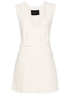 ivory white cotton blend twill weave V-neck sleeveless chest welt pocket two side welt pockets belted waist high-low hem Chic White Belted Dress For Formal Occasions, Chic White Belted Formal Dress, Sleeveless Spring Dress With Belt Loops, Sleeveless Dress With Belt Loops For Spring, White Elegant Belted Dress For Work, Elegant White Belted Dress For Work, Elegant White Belted Dress For Formal Occasions, White Fitted Belted Dress, White Fitted Belted Dress For Work