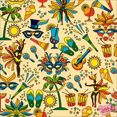 a colorful pattern with masks and stars on it