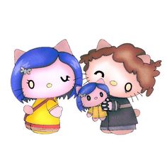 an image of two people with cats on their backs and one holding a child's hand