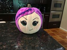 Mal from Descendants pumpkin Descendants Pumpkin Painting, Mal From Descendants, Disney Pumpkin Painting, Pumpkin Character, Pumpkin Idea, Braided Mohawk, Character Pumpkins, Descendants Party