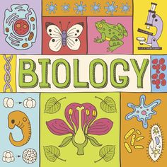 an image of a book cover with the words biology written in different colors and symbols