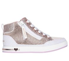 Show off your glam statement in cushioned comfort with Skechers Street Shoutouts 2.0 - Style Strut. This lace-up fashion high-top features a rhinestone embellished synthetic and glitter trim upper, Skechers Adaptive Closure, side zipper, cushioned insole, and metallic heart detail at the midsole. | Skechers Girl's Shoutouts 2.0 - Style Strut Sneaker | Medium Width | Skechers easy on, easy off Adaptive Closure for a customized fit | Cushioned comfort insole | Rhinestone embellished synthetic and glitter trim upper | High-top lace-up sneaker with side zipper | Shock-absorbing midsole with metallic heart detail | Flexible traction outsole | Skechers Casual High-top Sneakers With Glitter Accents, Sporty High-top Sneakers With Glitter Accents, Pink High-top Sneakers With Studded Outsoles, Lace-up Synthetic Sneakers With Glitter Print, Synthetic Low-top Sneakers With Glitter Accents, Girls Shoes Sneakers, Girls Shoes Kids, Wide Shoes, Shopping Hacks