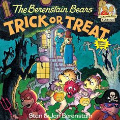 the berenstain bears trick or treat book sits on a white wall next to a black cat