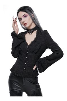 Gothic Formal Tops For Fall, Gothic Lace Top For Fall, Black Gothic Blouse For Formal Occasions, Gothic Lace Tops For Fall, Formal Black Tops With Lace Cuffs, Fitted Lace Blouse With Button Closure, Gothic Long Sleeve Corset, Gothic Tops With Lace Trim For Fall, Fitted Lace Button-up Top