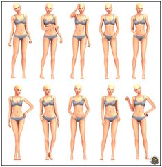 an image of a woman in bikinis posing for the camera with different poses and body shapes