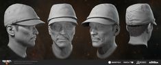 three different views of an old man's head wearing baseball caps, with multiple facial expressions