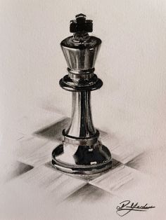 a drawing of a silver chess piece on a white paper with a black and white background