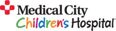 the medical city children's hospital logo is white and has black letters on it