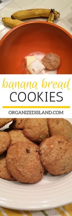 banana bread cookies are on a plate with butter and bananas in the background text reads, banana bread cookies