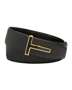 TOM FORD belt in smooth leather. "T" buckle with enamel insert. Adjustable fit. Approx. width 1.6" Made in Italy. Designer Black Belt With Tang Buckle, Business Leather Belt Buckles With Metal Logo, Designer Business Belt Buckles With Metal Logo, Leather Belt Buckles With Metal Logo For Business, Designer Business Belt Buckle With Metal Logo, Designer Belt Buckle With Metal Logo, Designer Belts With Metal Logo For Business, Luxury Belt Buckles With Metal Logo, Modern Business Belt Buckles With Metal Logo