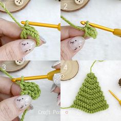 crochet christmas tree ornament being worked on by someone using knitting needles