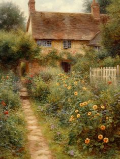 a painting of a house with flowers in the foreground and a path leading to it